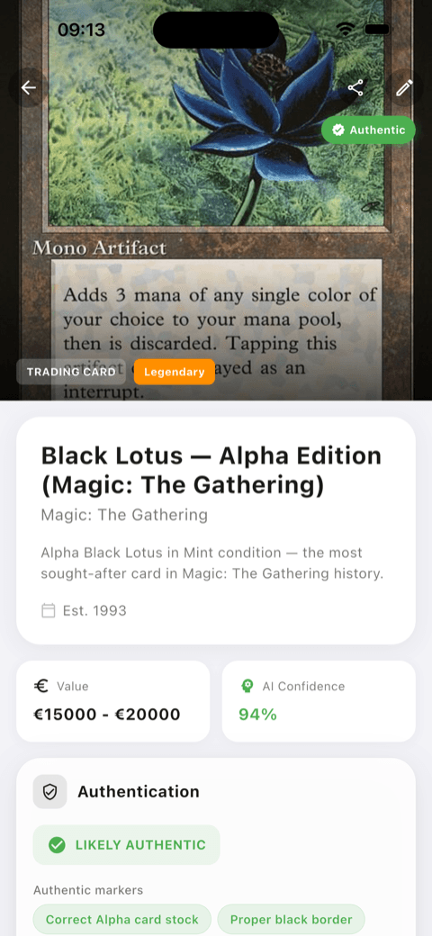 AI scan result showing Black Lotus valuation