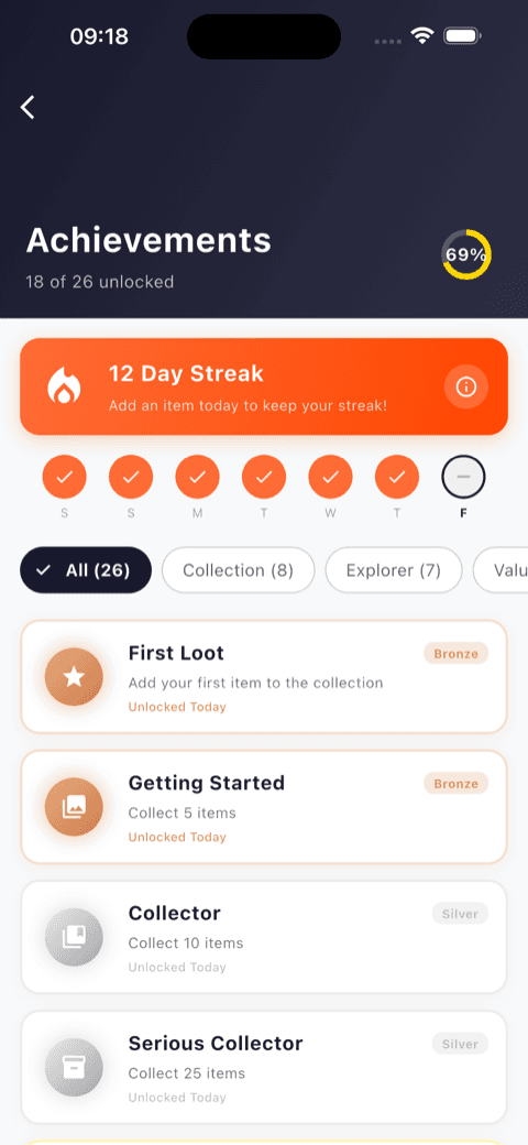 Achievements page with streak banner